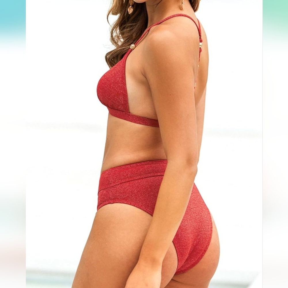 NWT Cupshe Red Sparkly Bikini High Waisted Cheeky Fit Triangle Top - Picture 2 of 9
